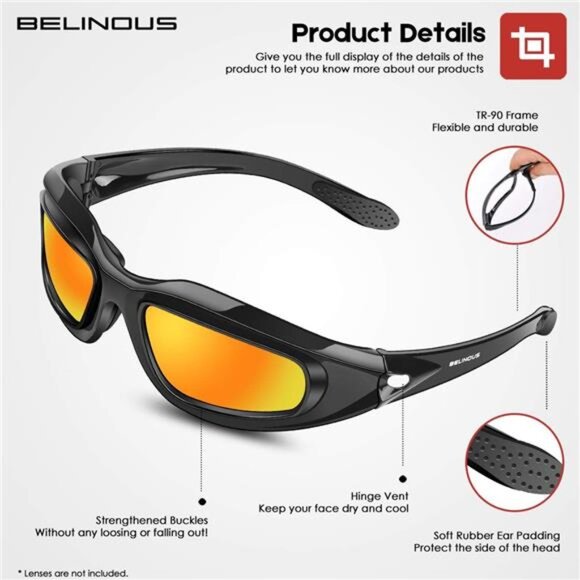 BELINOUS Polarized Motorcycle Riding Glasses Goggles for Men Foam Padding - Picture 4 of 7